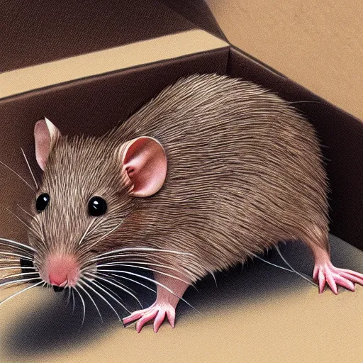 Prompt: photorealistic brown rat crawling out of a cardboard box in a basement