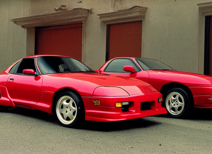 Prompt: Cannon photo of red Toyota supra made in 1991 front sideview parked on street