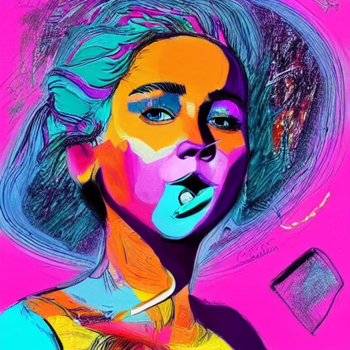 Prompt: a sketch, ultra detailed, colorful, magic, cosmos, beautiful woman, eyes, jennifer laurence eat chupa chups in her mouth, surreal, in style of jean - michel basquiat, trending on artstation