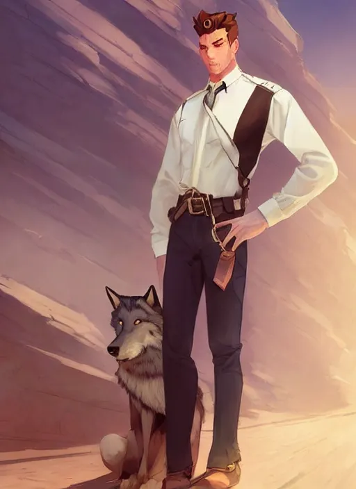 Image similar to beautiful portrait commission of a male furry anthro timber wolf Sheriff wearing a white dress shirt with suspenders in an old-timey desert town. Atmospheric. Character design by charlie bowater, ross tran, artgerm, and makoto shinkai, detailed, inked, western comic book art