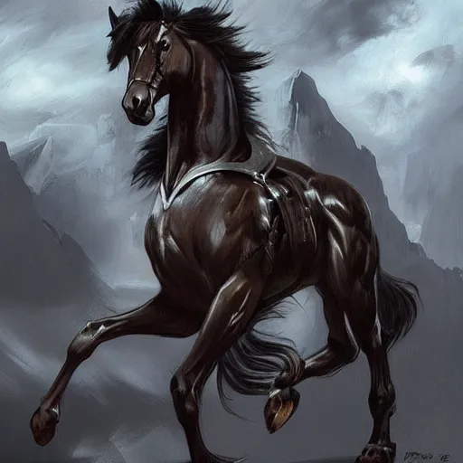 Prompt: a huge muscular black - coated anthro horse with long white hair wearing tactical kevlar fabric, exaggerated muscle physique, highly detailed, furry, furaffinity, digital painting, artstation, sharp focus, smooth, concept art, illustration, art by artgerm, greg rutkowski, alphonse mucha