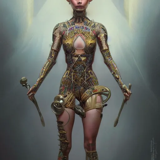 Image similar to Epic cinematic portrait of a very beautiful dollpunk female wearing Abstract bodysuit, focus, realistic eyes, symmetric body features proportions, golden ratio, ultra intricate details, award winning, unreal render, by Tom Bagshaw