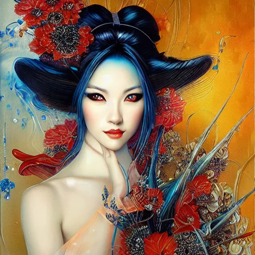 Image similar to a beautiful geisha manipulating water by karol bak, ayami kojima, artgerm, river, water, blue eyes, smile, concept art, fantasy