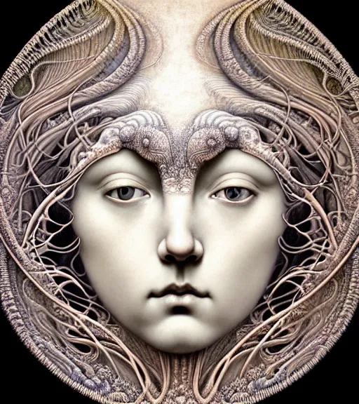 Image similar to detailed realistic beautiful porcelain moon goddess face portrait by jean delville, gustave dore, iris van herpen and marco mazzoni, art forms of nature by ernst haeckel, art nouveau, symbolist, visionary, gothic, neo - gothic, pre - raphaelite, fractal lace, intricate alien botanicals, ai biodiversity, surreality, hyperdetailed ultrasharp octane render