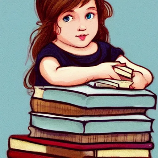 Prompt: a cute little girl with a round cherubic face, blue eyes, and short wavy light brown hair sitting on top of a stack of books. beautiful cartoon painting with flat colors and highly detailed face, outlining, children's storybook