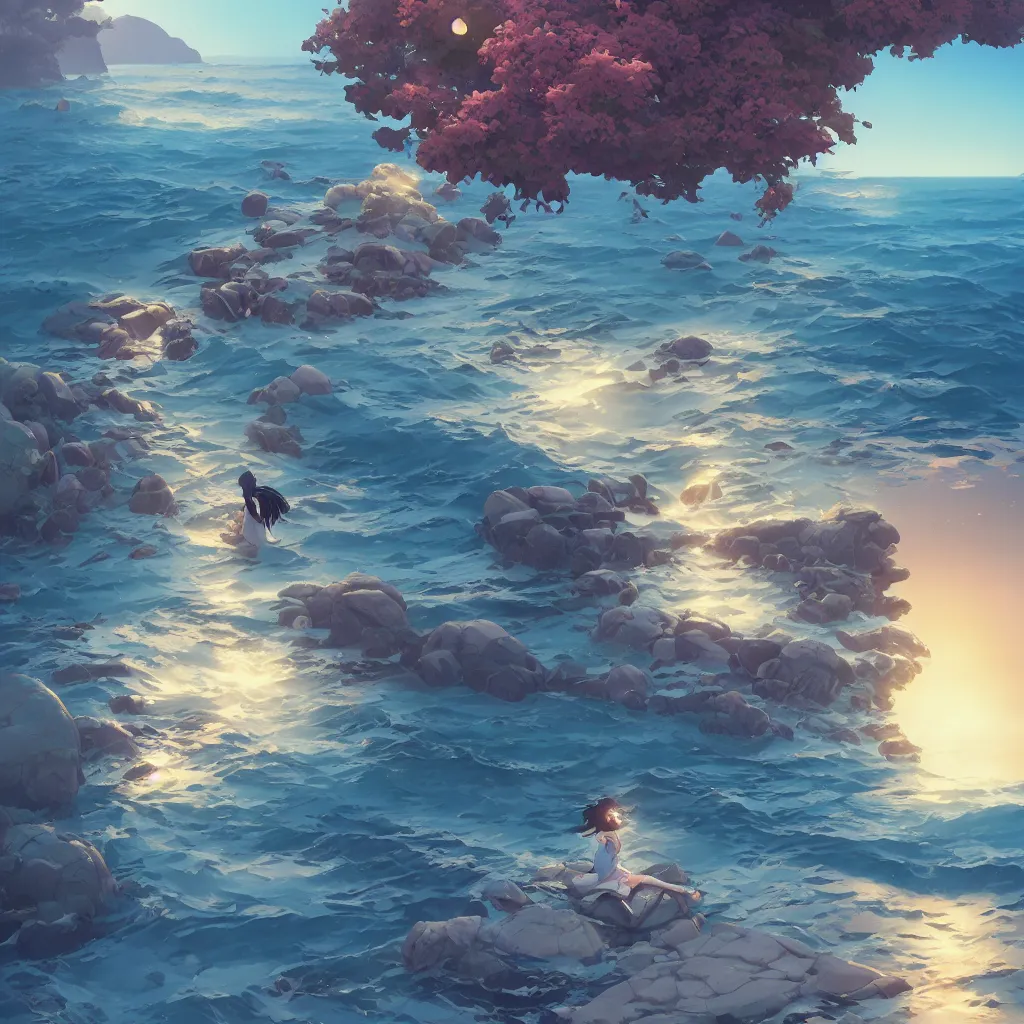 Image similar to a streetcar is running on the dreamy sea, kamakura scenery, unreal engine, fantasy art by greg, loish, rhads, ferdinand knab, makoto shinkai and lois van baarle, ilya kuvshinov, rossdraws, tom bagshaw, night lighting, trending onstudio ghibli, highly detailed, octane render, 8 k