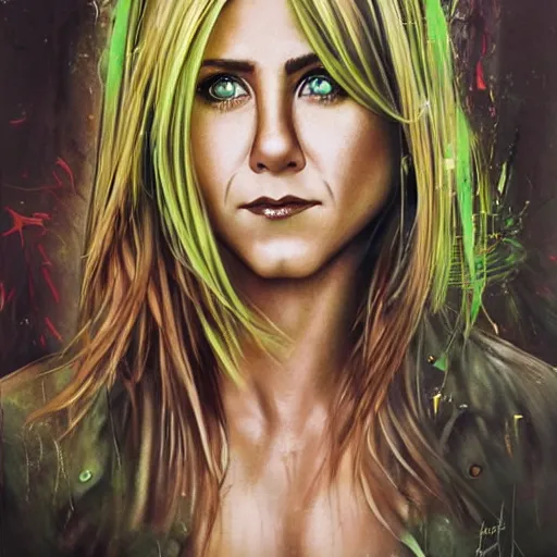 Prompt: a Demon Slayer portrait of Jennifer Aniston, tall, pale-skinned, slender with lime green eyes and long eyelashes by Stanley Artgerm, Tom Bagshaw, Arthur Adams, Carne Griffiths, trending on Deviant Art, street art, face enhance, chillwave, maximalist, full of color, glittering