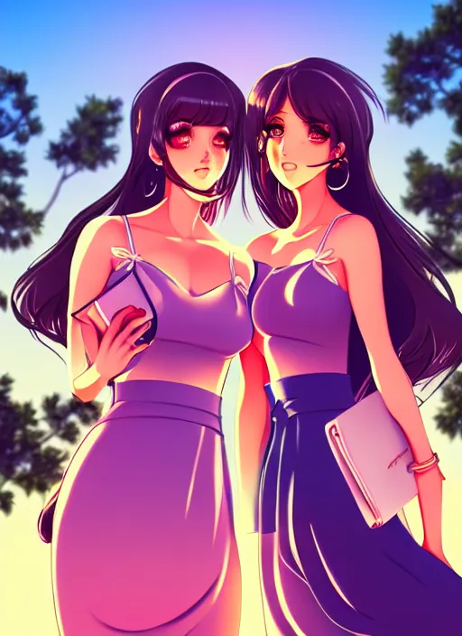 Image similar to two beautiful housewives outside on a hot summer evening, gorgeous faces, thick lines, cinematic lighting, detailed anime art