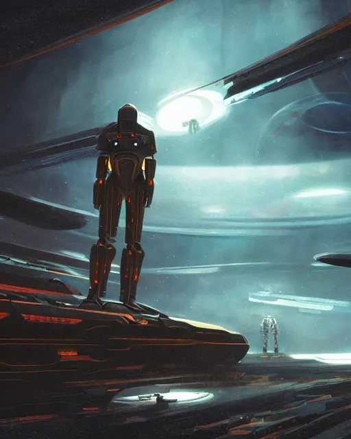 Image similar to A matted painting of humanoid Aliens of the Sun on a spaceship environment with expansive views of space, inspired by greg rutkowski and Keith Mallett, digital art, extremely moody lighting, glowing light and shadow, atmospheric, shadowy, cinematic