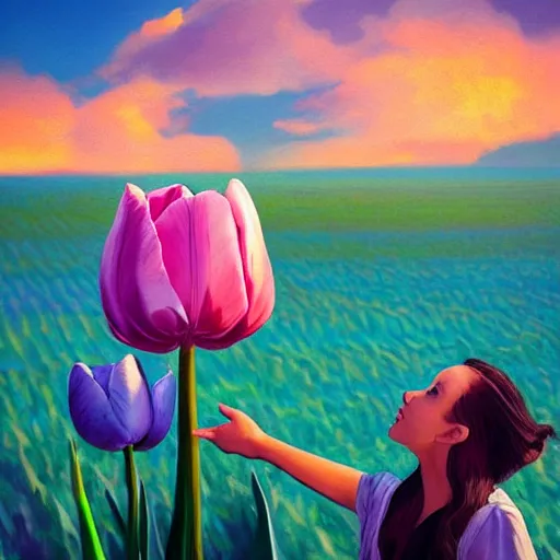 Image similar to girl with a giant tulip head, surreal photography, flower field, sunset dramatic light, impressionist painting, colorful clouds, blue sky, digital painting, artstation, simon stalenhag