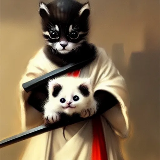 Prompt: drawning of a cute kitten with panda body and cat face, in a kimono, holds a sword, artwork by greg rutkowski, highly detailed, matte painting, digital art, 4 k