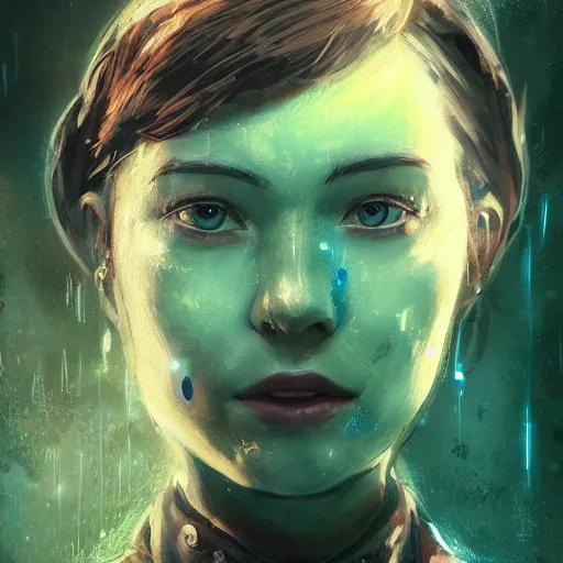 Image similar to close up portrait of a young female as sherlock Holmes with straight hair has an epic idea, pixar style, stylized face, intricate detail, digital painting, gears, watches, steampunk, glowing eye, biomechanical, trash polka, raining, faded green, particles floating, industrial background by marc simonetti + wlop, artwork by ross tran + ramond swanland + liam wong +mike winklemann + wlop