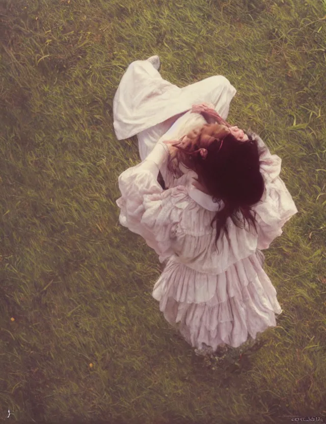 Prompt: lolita on a village, high angle view, portrait, Cinematic focus, Polaroid photo, vintage, neutral colors, soft lights, foggy, by Steve Hanks, by Serov Valentin, by lisa yuskavage, by Andrei Tarkovsky 8k render, detailed, oil on canvas