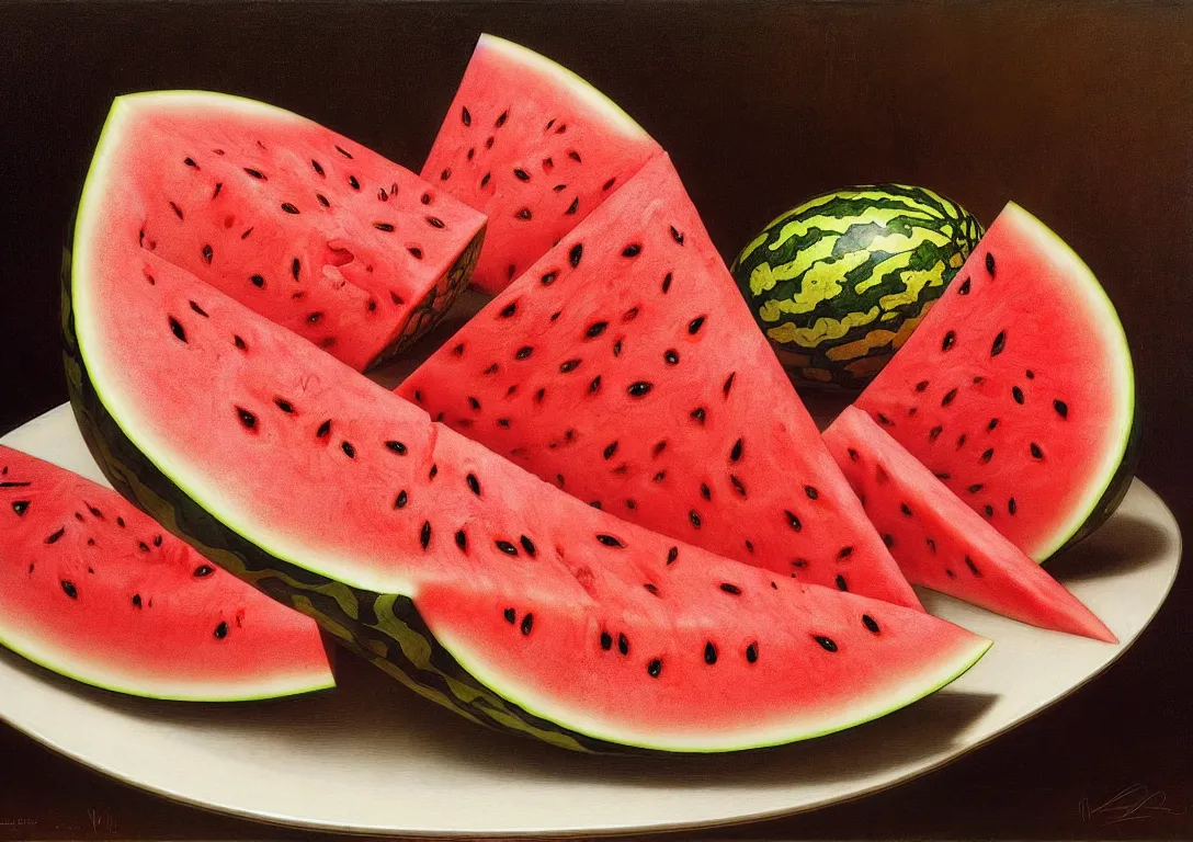 Image similar to a plate full of sliced watermelon in the style of wayne barlowe, gustav moreau, goward, bussiere, roberto ferri, santiago caruso, luis ricardo falero, frazetta