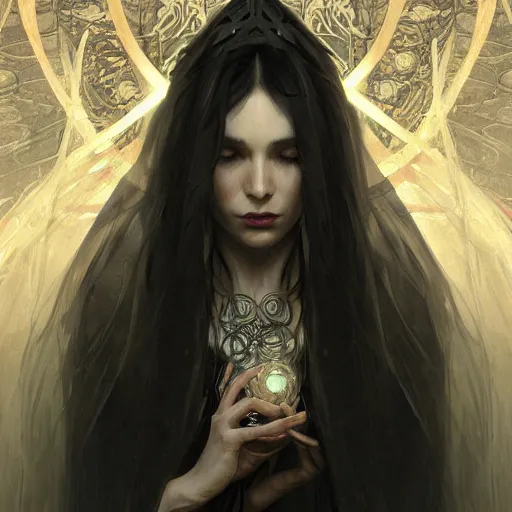 Image similar to photograpic portrait of a pretty dark sorceress, fantasy, ominous, intricate, elegant, highly detailed, digital painting, artstation, concept art, smooth, sharp focus, illustration, art by artgerm and greg rutkowski and alphonse mucha