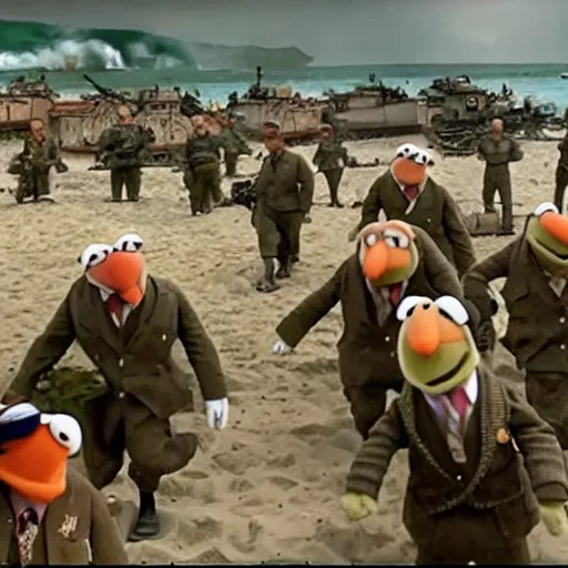 Image similar to screenshot of the muppets beach landing in world war 2 movie saving private muppets d-day W 1024