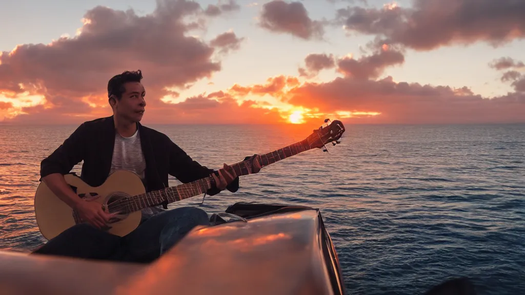 Prompt: a movie still of a man playing guitar on the roof of a car driving through the ocean at sunset, golden hour