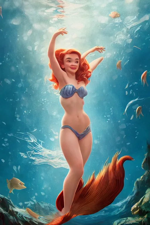 Image similar to Emilia Clarke as the little mermaid underwater by Gil Elvgren Stanley Artgerm Lau, WLOP, James Jean, Andrei Riabovitchev, Marc Simonetti, Yoshitaka Amano, ArtStation, CGSociety, hair floating covering chest, bubbles vfx, cinematic lighting, god ray, starlit shining eyes