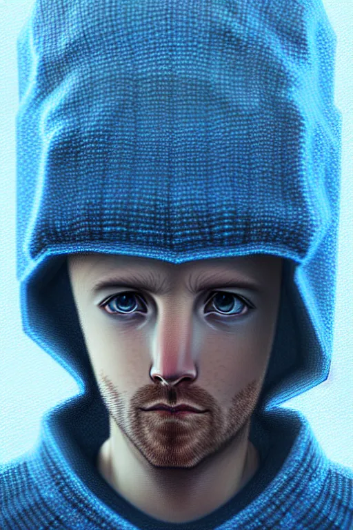 Prompt: portrait of jesse pinkman as sapphire herald in an elegant winter sweater, by makoto shinkai, by akihiko yoshida, by zdzislaw beksinski, by dariusz zawadzki, artbook, tone mapped, deep blues, shiny, soft lighting