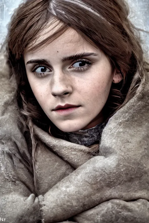 Image similar to Photo of Native Russian woman Emma Watson, portrait, skilled homeless, realistic, detailed, Emma Watson, photorealism, Sony A7R