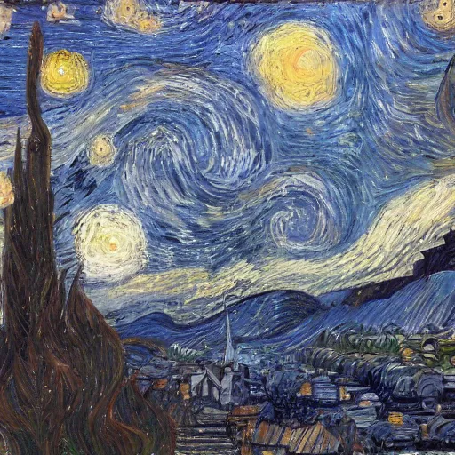 Image similar to a painting of a starry night over a martian cooling by vincent van gogh, featured on pixiv, futurism, sci - fi, post - impressionism, impressionism, painterly, detailed painting