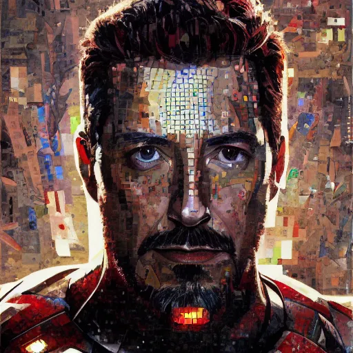 Prompt: mosaic portrait of iron man by greg rutkowski, 4k, intricate details, digital, explosion in the background