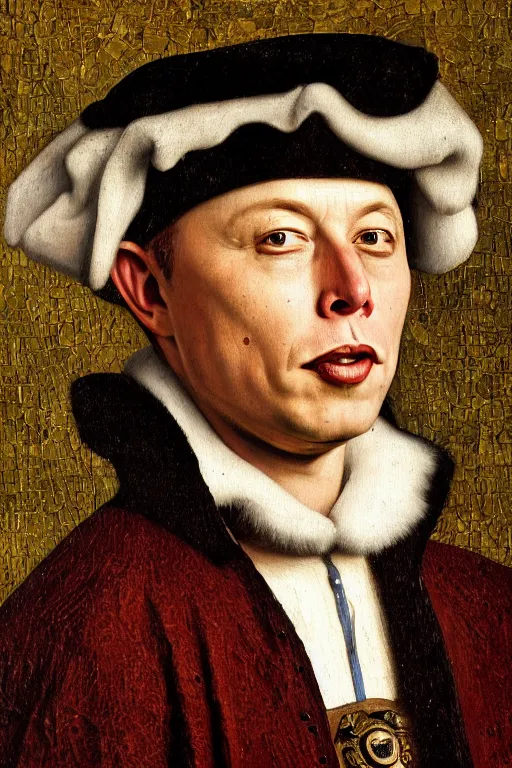 Image similar to portrait of elon musk, oil painting by jan van eyck, northern renaissance art, oil on canvas, wet - on - wet technique, realistic, expressive emotions, intricate textures, illusionistic detail