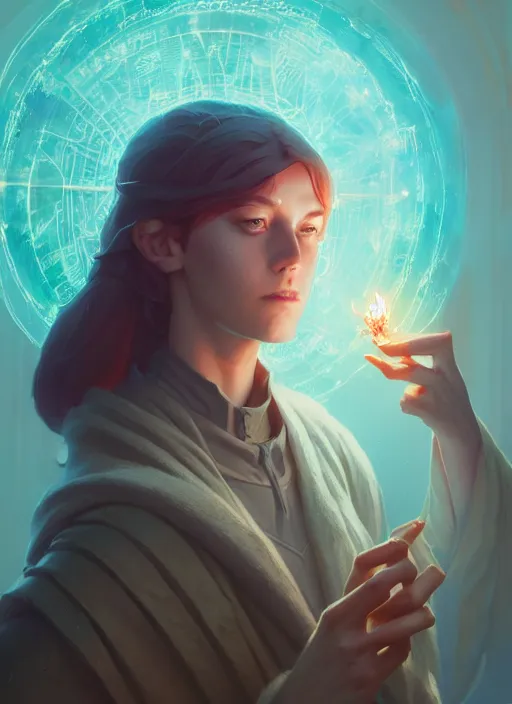 Image similar to highly detailed vfx portrait a mage casting a spell, stephen bliss, unreal engine, sigils greg rutkowski, loish, rhads, beeple, makoto shinkai and lois van baarle, ilya kuvshinov, rossdraws, tom bagshaw, alphonse mucha, global illumination, detailed and intricate environment