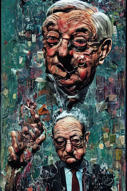 Image similar to George Soros full body shot, dollar bills Body horror, biopunk, by Ralph Steadman, Francis Bacon, Hunter S Thompson