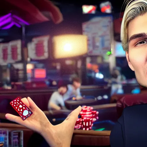 Image similar to a high quality photo of handsome gigachad XQC gambling, photorealism, 8k, artstation