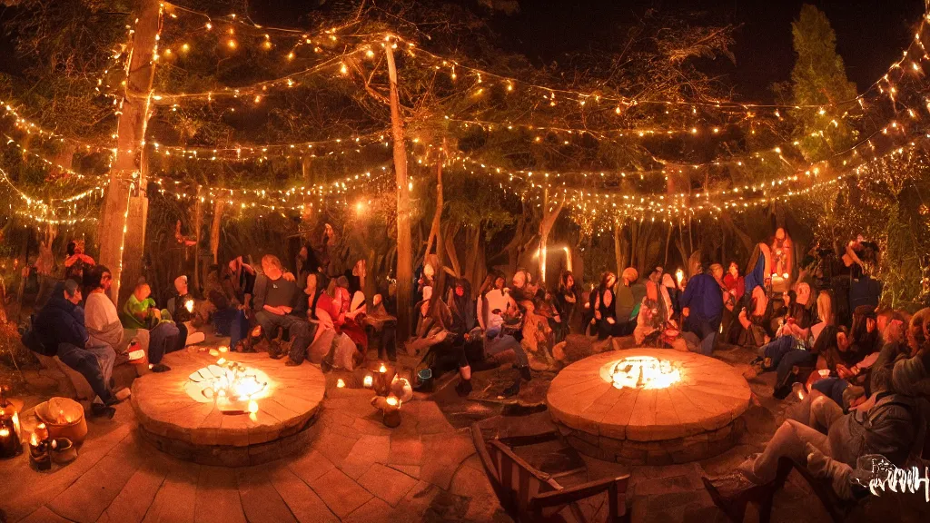 Prompt: party at midnight, bay area, peyote colors, fire pit, hot tub, candles, people, cozy, warm, beautiful, cozy environment, ornate, intricate, glowing emitting light ornaments, 8 k, rule of thirds, cinematic, highly detailed, movie still