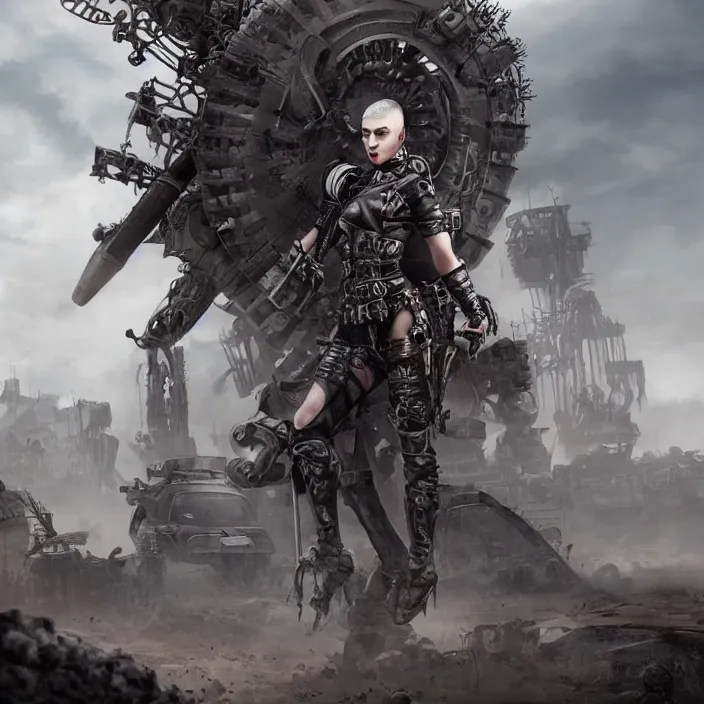 Image similar to beautiful apocalyptic woman with Mohawk, standing on mad max panzer tank, hyper-detailed, smooth, sharp focus, 4k ultra hd, fantasy dark art, tank girl, artgerm, artstation, octane render, elegant, detailed digital painting, apocalyptic art