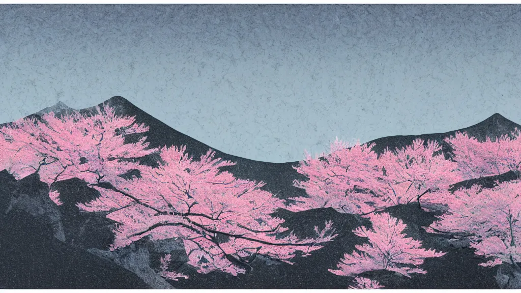 Image similar to a mountainside landscape with winter sakura trees, japan, a collage painting, in the style of wes anderson, lola dupre, david hockney, isolated on negative white space background dark monochrome neon spraypaint accents volumetric octane render