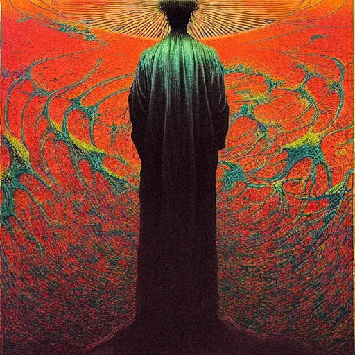 Prompt: the cult leader stands at the altar as sunlight pours into his open arms, high detailed beksinski painting, by adrian ghenie and gerhard richter. art by takato yamamoto. masterpiece, deep colours.