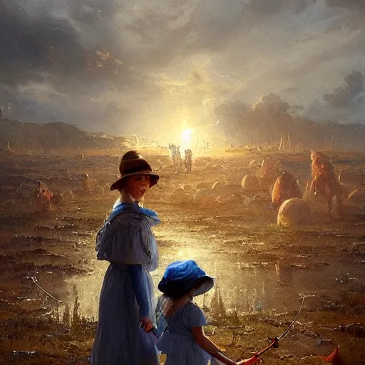 Prompt: hell, with real demons and little girls wearing a blue and white fishing hats by Greg Rutkowski, tonalism, extremely detailed, UHD, correct faces, real hellscape in background, hyperrealistic hell