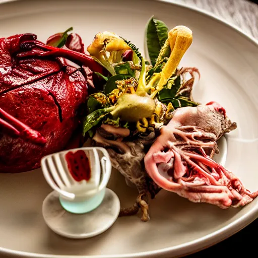 Prompt: gorey horrific mutilated blood soaked human remains and internal organs served at a fancy restaraunt on a fancy plate, gorgeous depth of field professional food photography