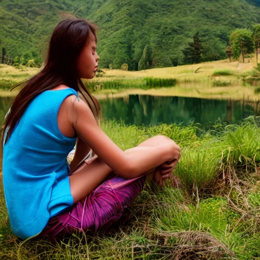 Image similar to young woman, wearing Inka clothes, sad expression, sitting at a pond, mountainous area, trees in the background, trending on artstation