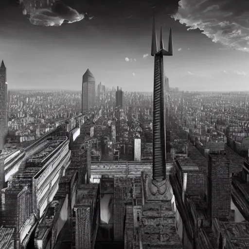 Prompt: an ultra detailed black and white matte painting of the palace district high above the city on a massive column of stone, one impossibly tall black spire in the center that touches the clouds, ultrawide lense, aerial photography, volumetric lighting, exquisite detail, octane render, 8 k postprocessing, art by brandon sanderson and robert jordan