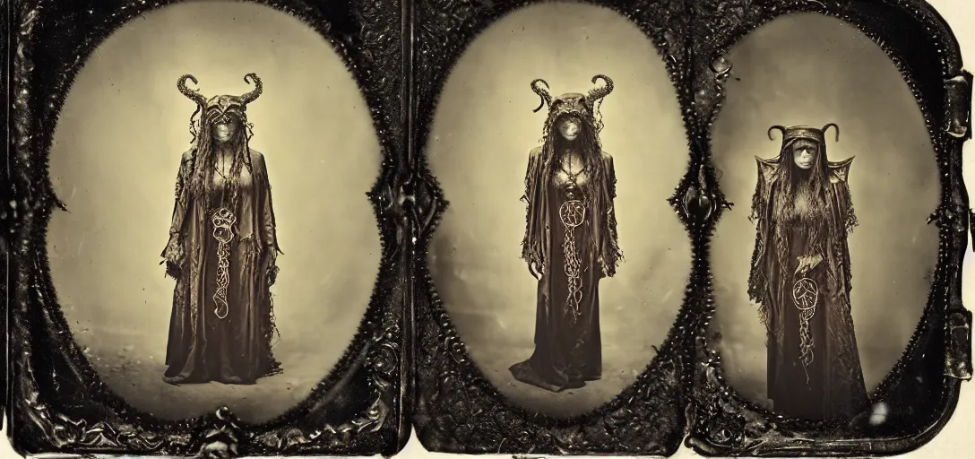 Image similar to tintype ambrotype daguerreotype of a cthulhu priestess adorned in occult jewels wearing occult ceremonial robes. with tentacle hair. emerging walking out of a slithering baroque frame.