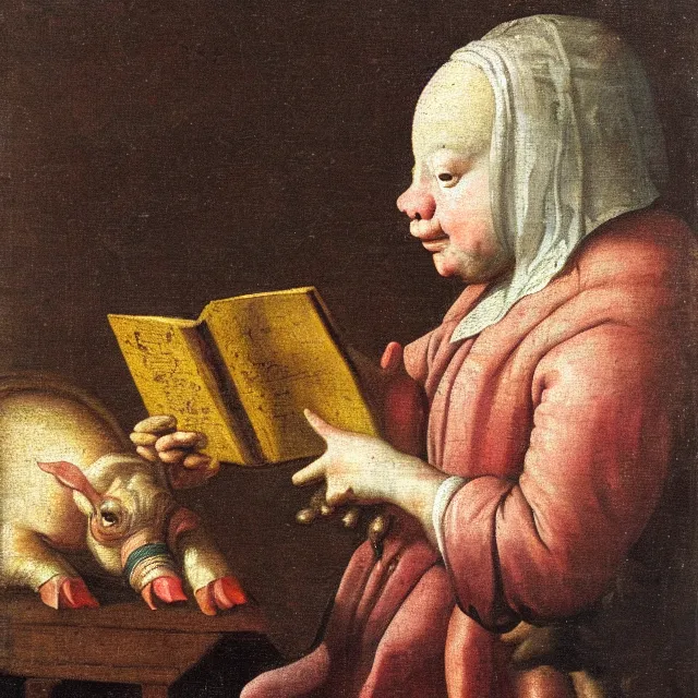 Image similar to baroque dutch painting from 1 6 7 0 of a pig reading a book