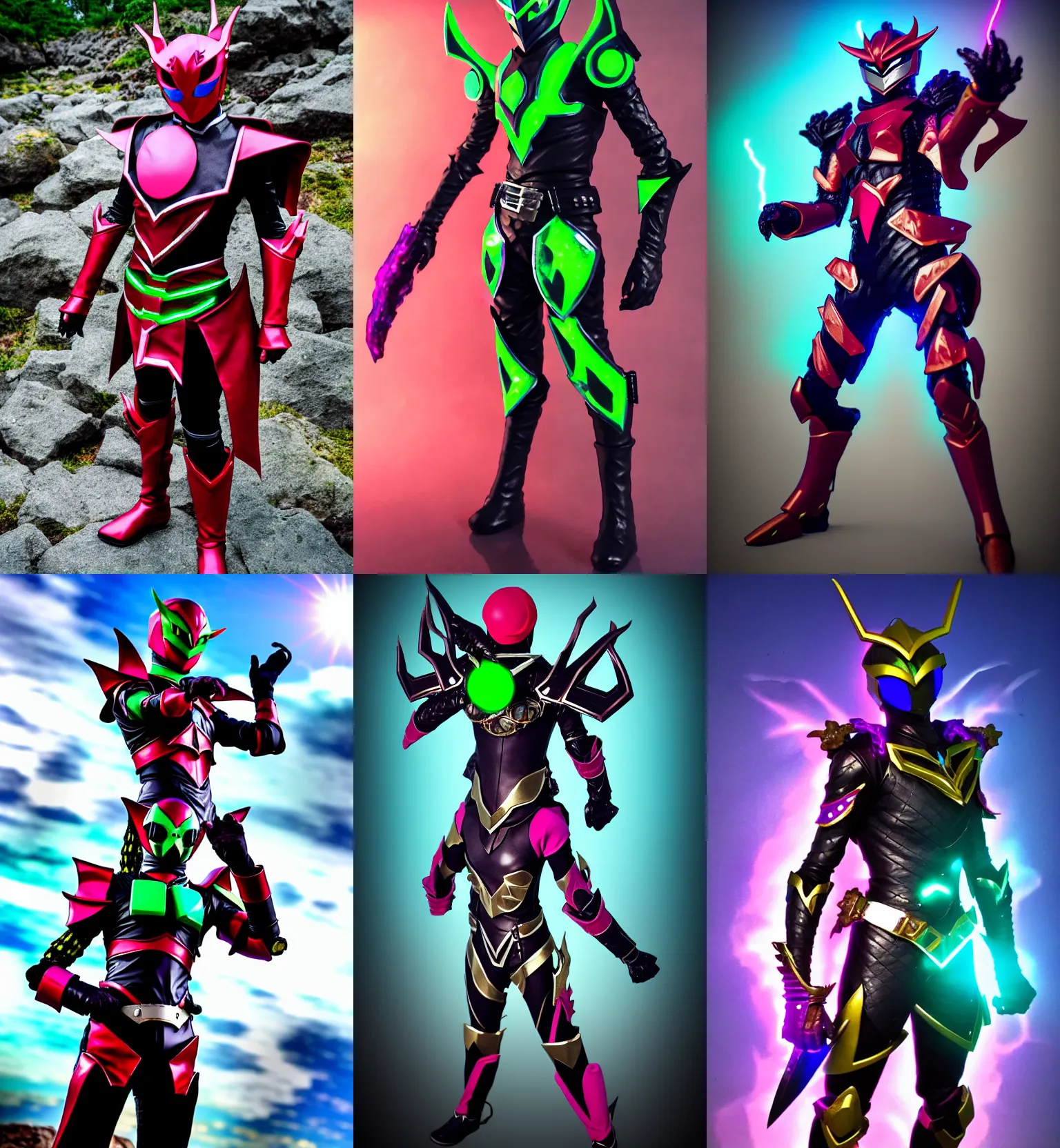 Prompt: High Fantasy Kamen Rider doing a henshin pose, single character full body, 4k, rock quarry location, vibrant colors, daytime, action scene, glowing eyes, rubber undersuit, fantasy inspired segmented dragon armor made out of pvc plastic, ultra realistic, high quality, cinematic