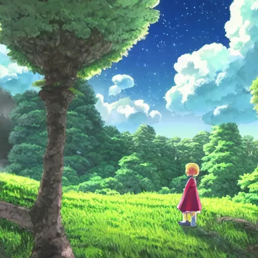 Image similar to in studio ghibli, moving castle, photo hyperrealistic, 3 d render, unreal, forest with detail, 8 years old little girl, dreaming with beautiful sky, aurora, supernova