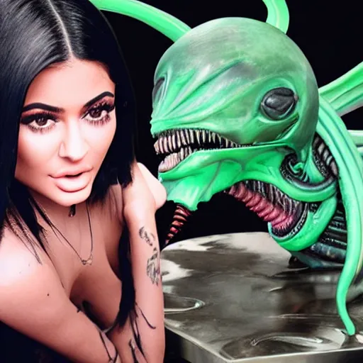 Image similar to kylie jenner being lickjed menacingly by an xenomorph, highly detailed, photorealistic, hyper realistic, slime, saliva, smooth