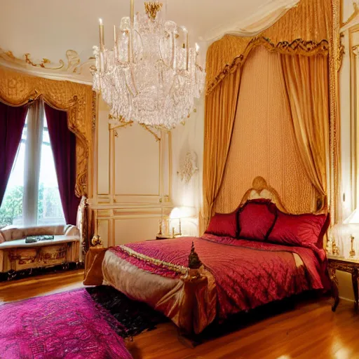 Prompt: photo of an exquisitely furnished bedroom in a high-class mansion, high quality, 8k