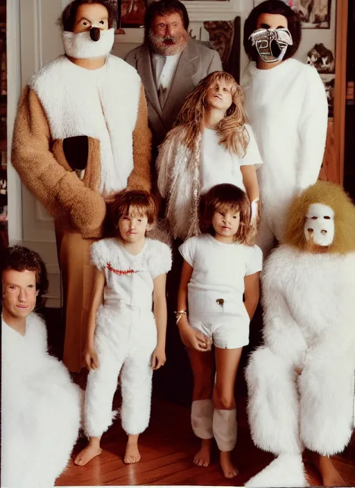 Image similar to realistic photo of the family wearing fluffy hairy masks, white fluffy cotton shorts, polished and fancy, standing in the wooden room full of wooden furniture 1 9 9 0, life magazine reportage photo