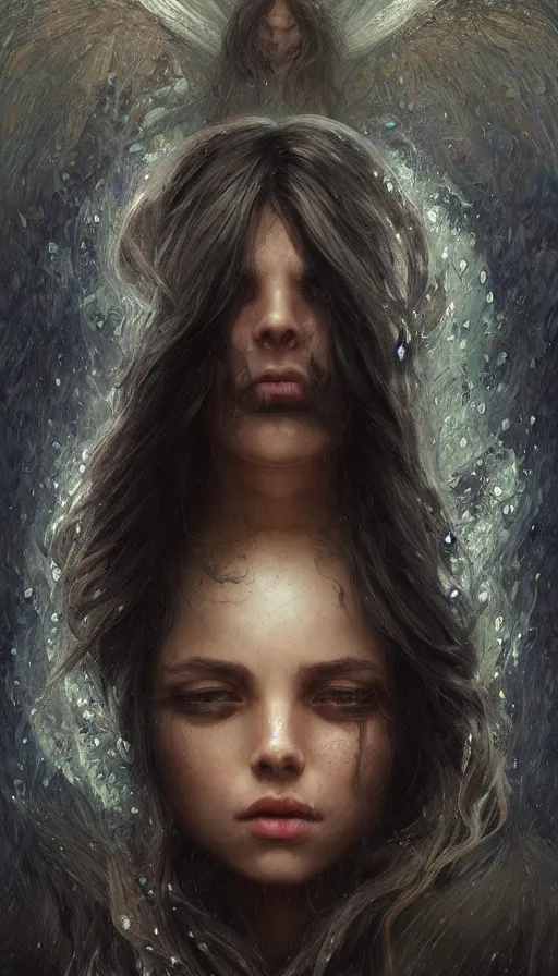 Image similar to tears turning into waterfall, crying eyes wide open, fame of thrones, lord of daggers, neon, fibonacci, sweat drops, insane, intricate, highly detailed, digital painting, artstation, concept art, smooth, sharp focus, illustration, Unreal Engine 5, 8K, art by artgerm and greg rutkowski and alphonse mucha