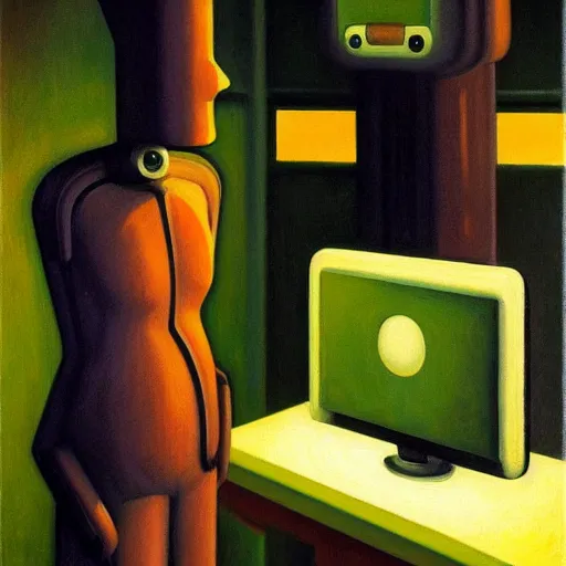 Prompt: a mesmerized robot staring at a computer screen, portrait, pj crook, grant wood, edward hopper, syd mead, chiaroscuro, oil on canvas