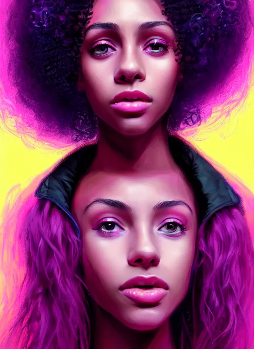 Image similar to portrait of teenage vanessa morgan with bright pink hair, black girl, curly pixie cut hair, wearing a purple breton cap, breton cap, hoop earrings, intricate, elegant, glowing lights, highly detailed, digital painting, artstation, concept art, smooth, sharp focus, illustration, art by wlop, mars ravelo and greg rutkowski