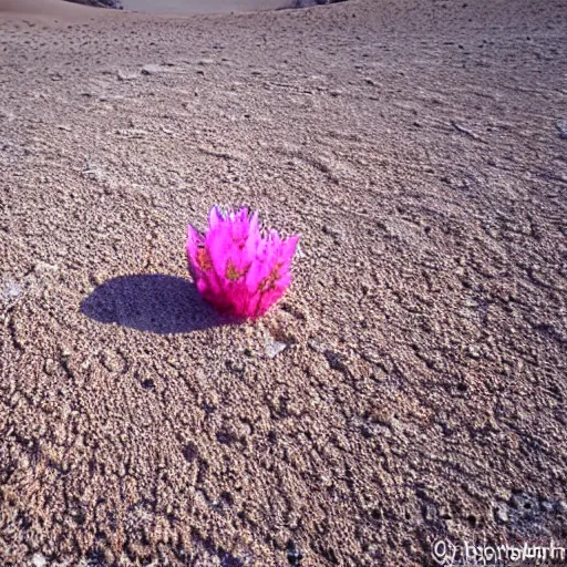 Prompt: a single small pretty desert flower blooms in the middle of a bleak arid empty desert, sand dunes, clear sky