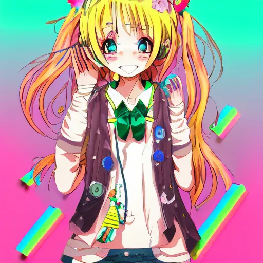 Image similar to digital 2 d, illustration, anime & manga, stylized, anime, colorful, smile, kawaii, decora, harajuku, grills, teeth, jewelry, bandaid, bandage, green hair, freckles, nails, nail art, fashion, stylish, rainbow